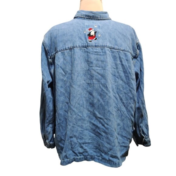C.J. Banks 2X Plus Size Vintage 2004 Penguin Embroidered Denim Christmas Shirt - Picture 2 of 12